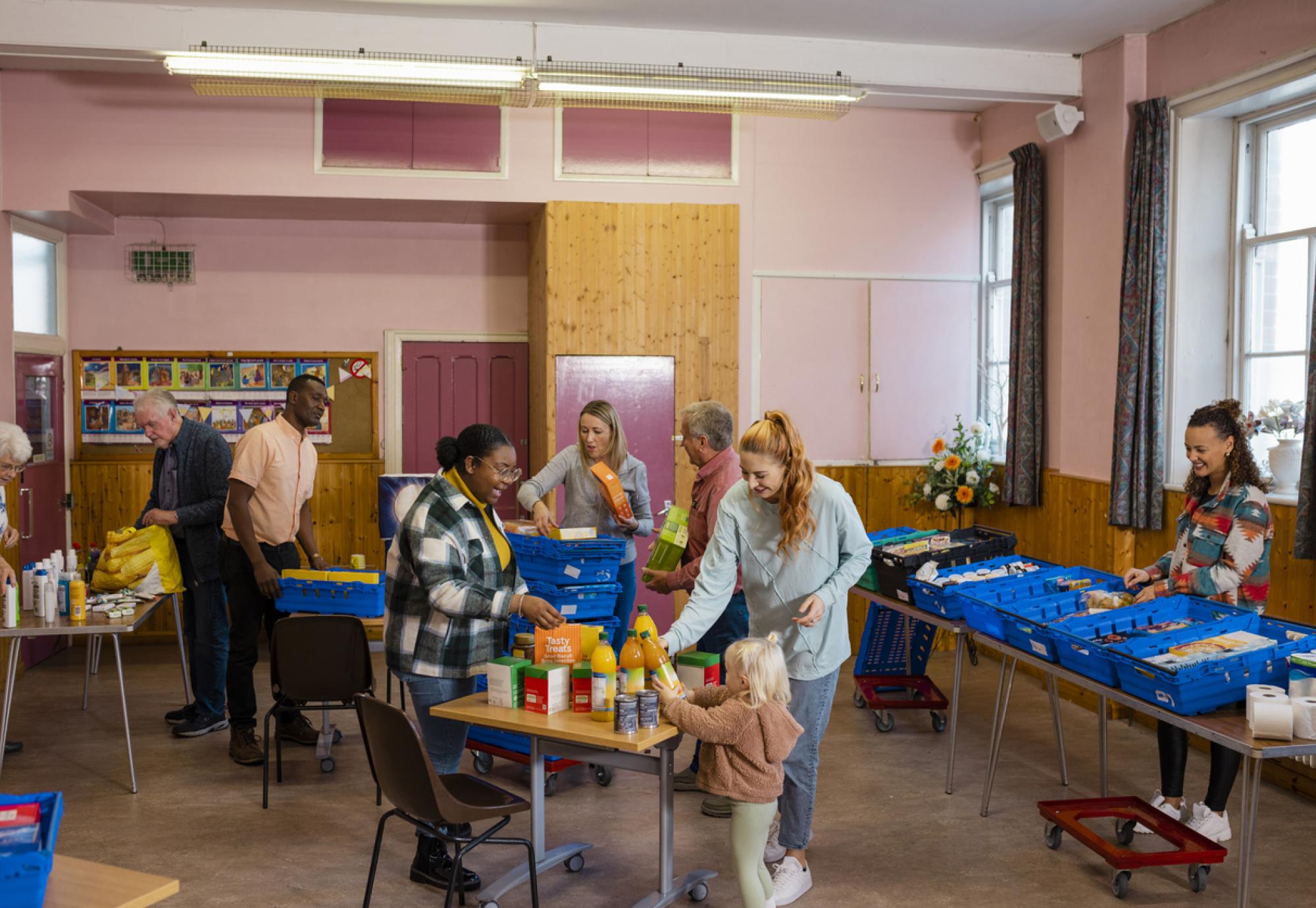 Food bank being run by volunteers at a community church