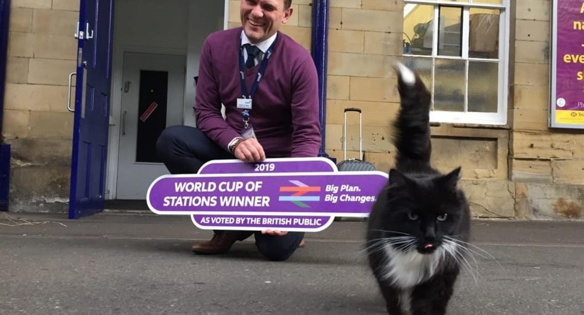 Andy Croughan, Station Manager of Huddersfield station and Felix the cat 