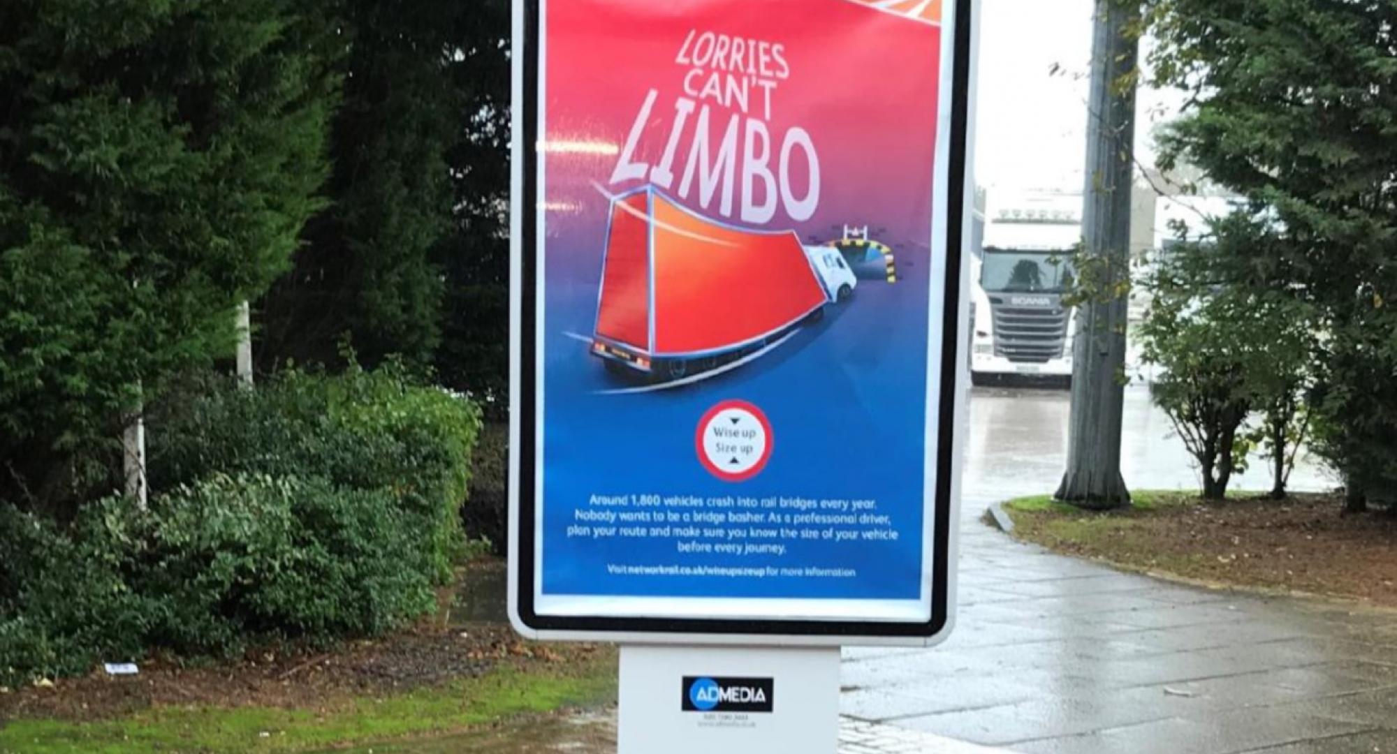 Network Rail bridge strikes poster at motorway service station