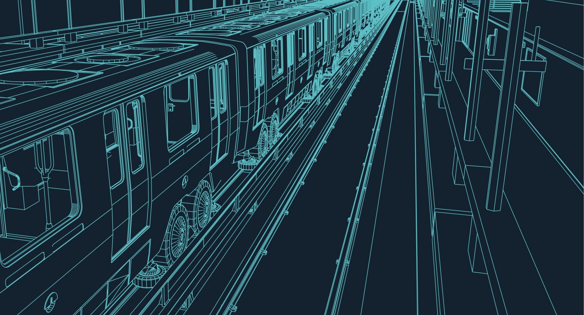 Wireframe blueprint of a metro train in a station