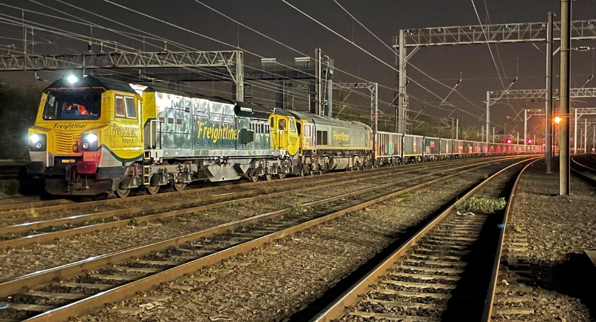 Jumbo freight train operating on the West Coast Main Line