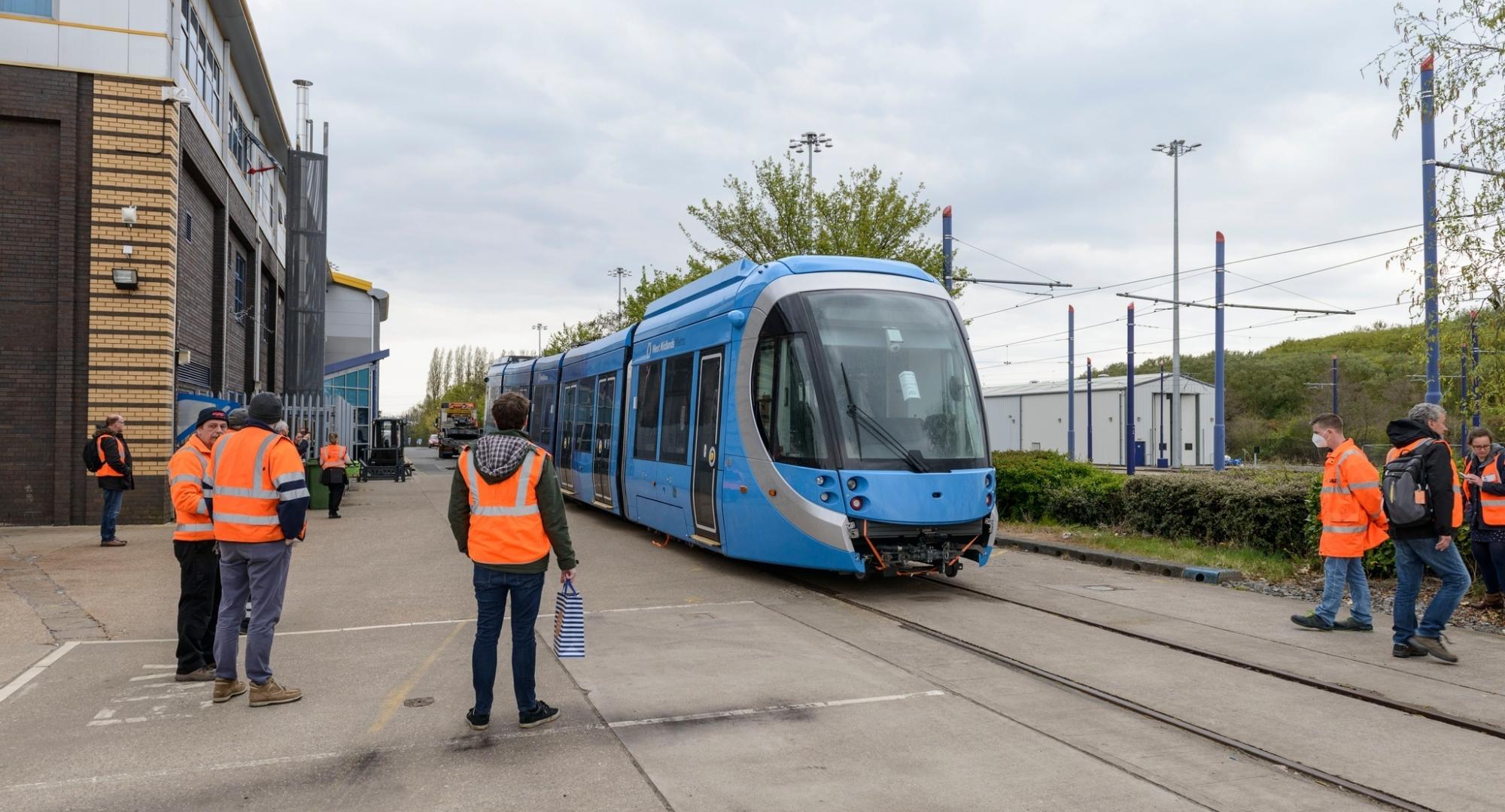 New West Midlands Metro tram arriving at the Wednesbury depot