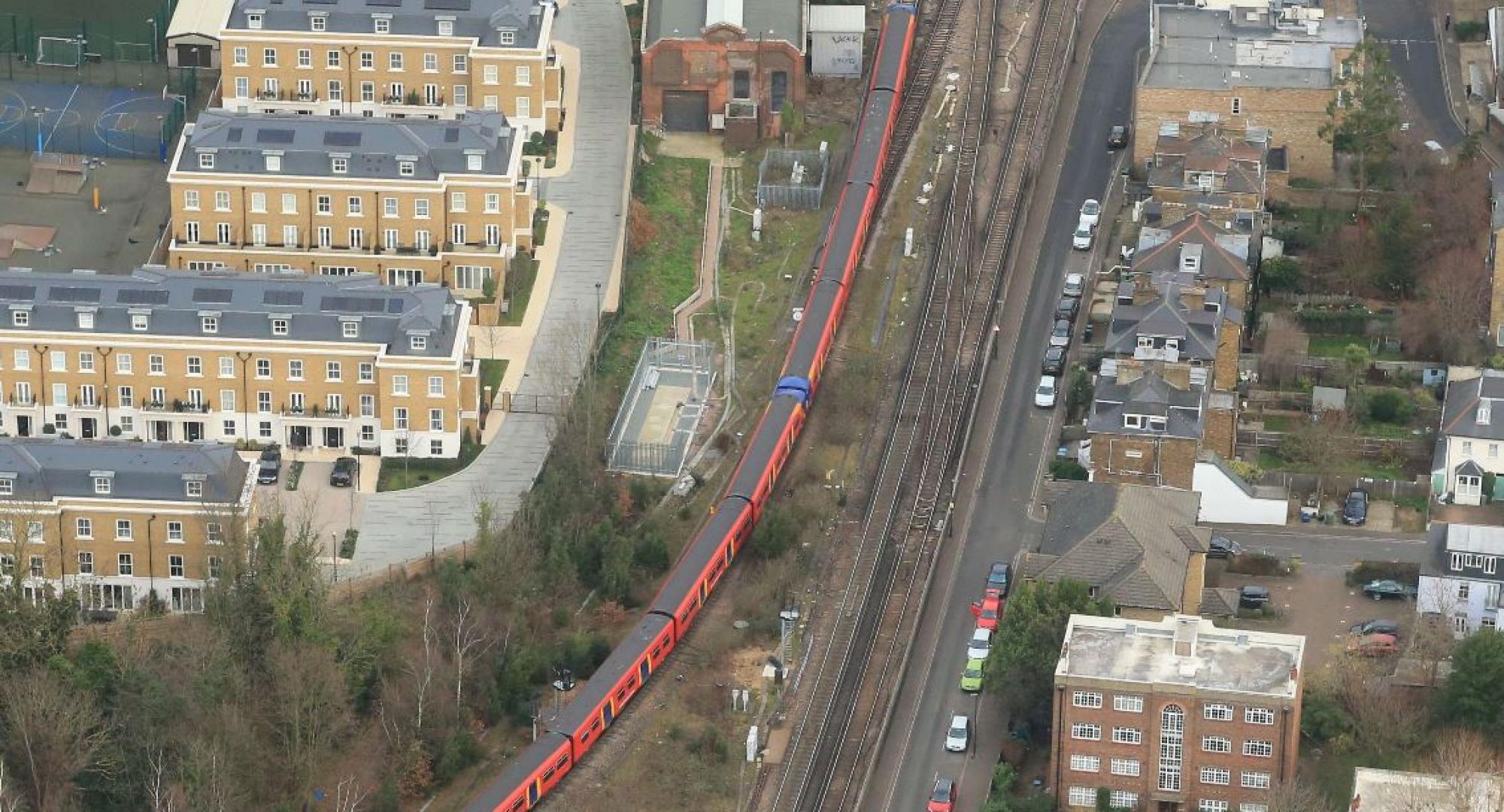 Aerial shot of a train at Twickenham Junction