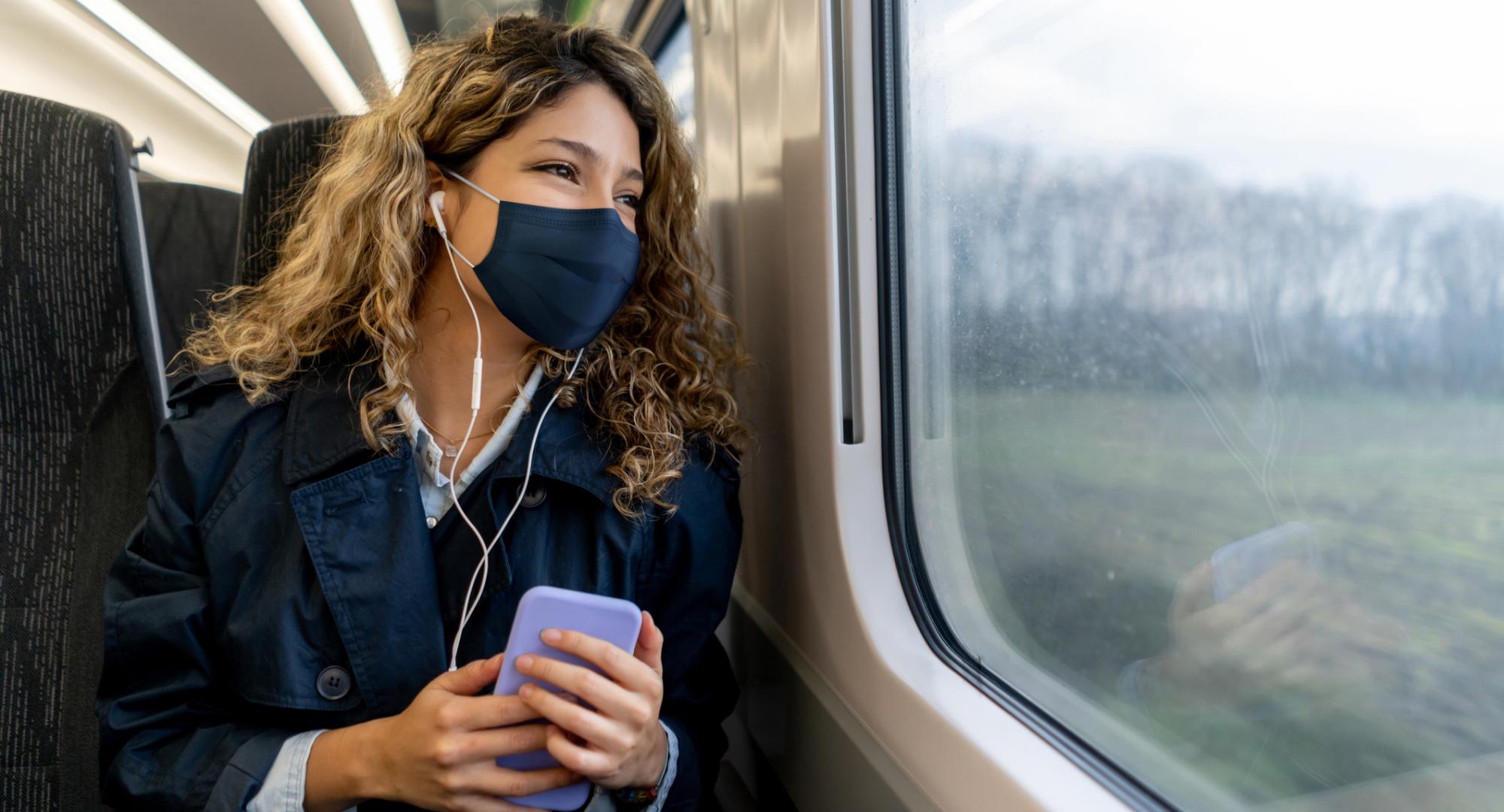 Woman wearing a face mask travelling on a train