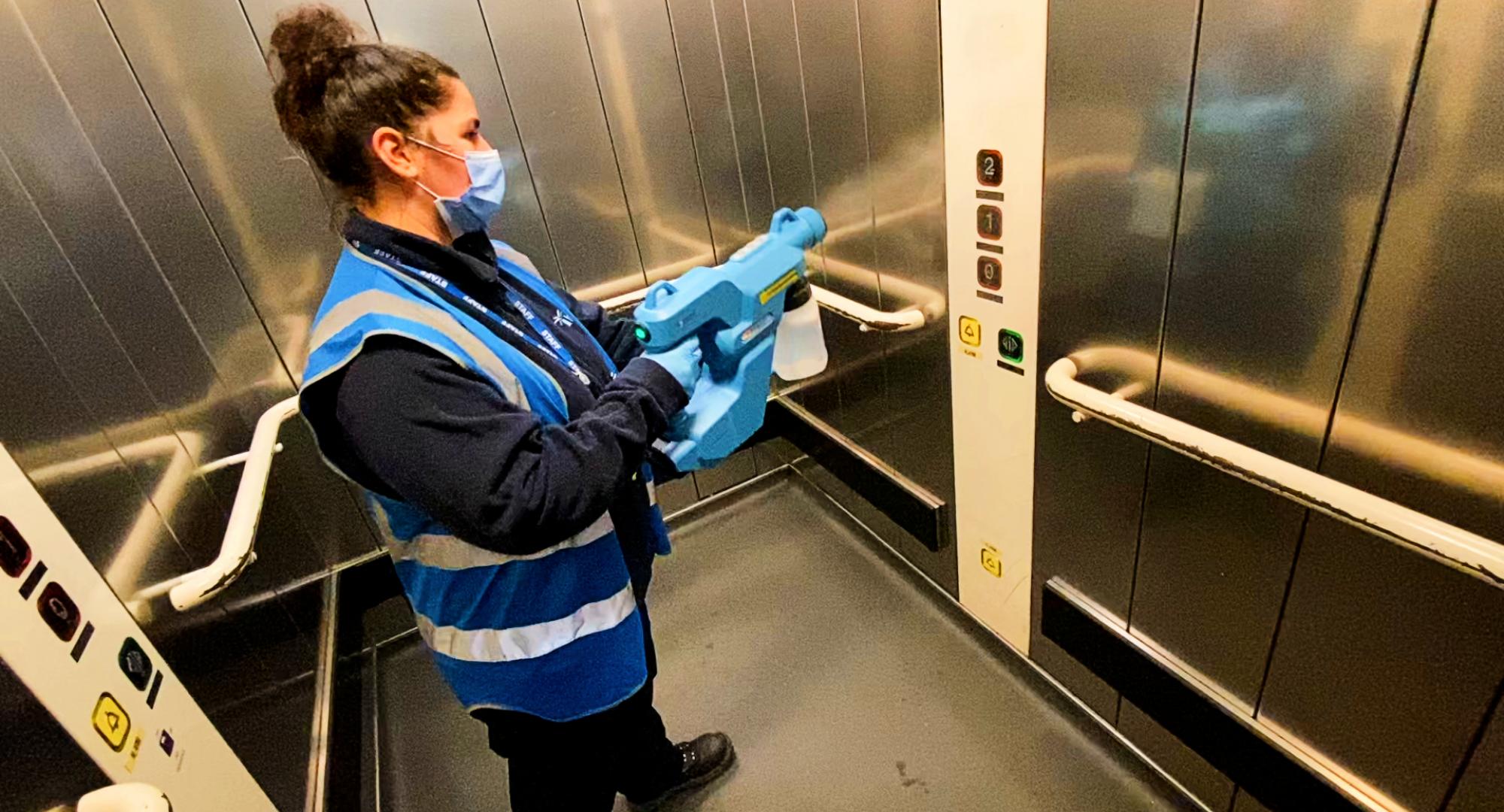 Cleaning a lift at London Euston Station