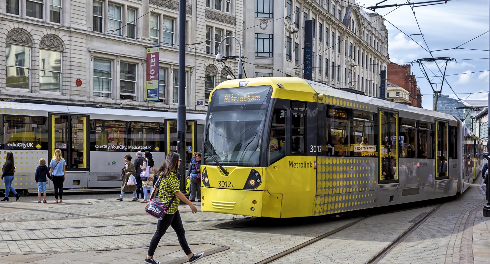 Metrolink tram in Manchester city centre