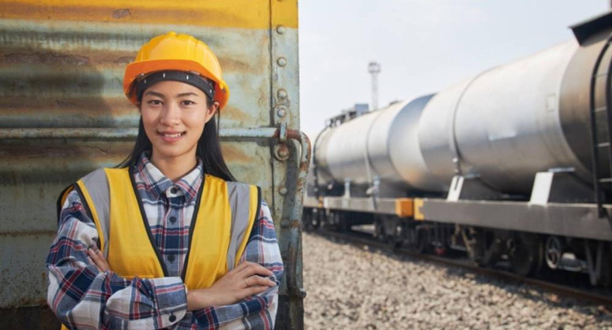 Female engineer working on train