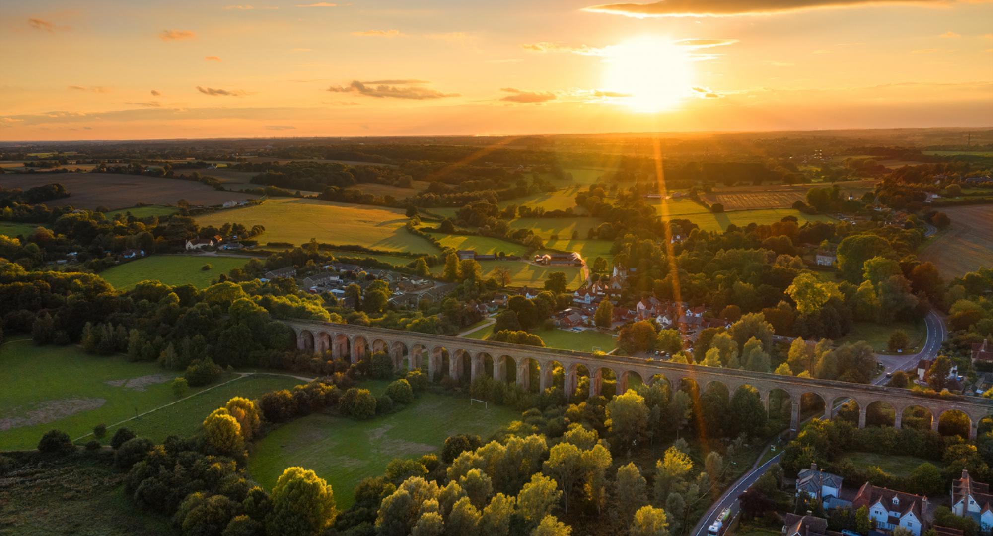 An aerial view of the Chappel and Wakes Colne viaduct in the English county of Essex, via Istock