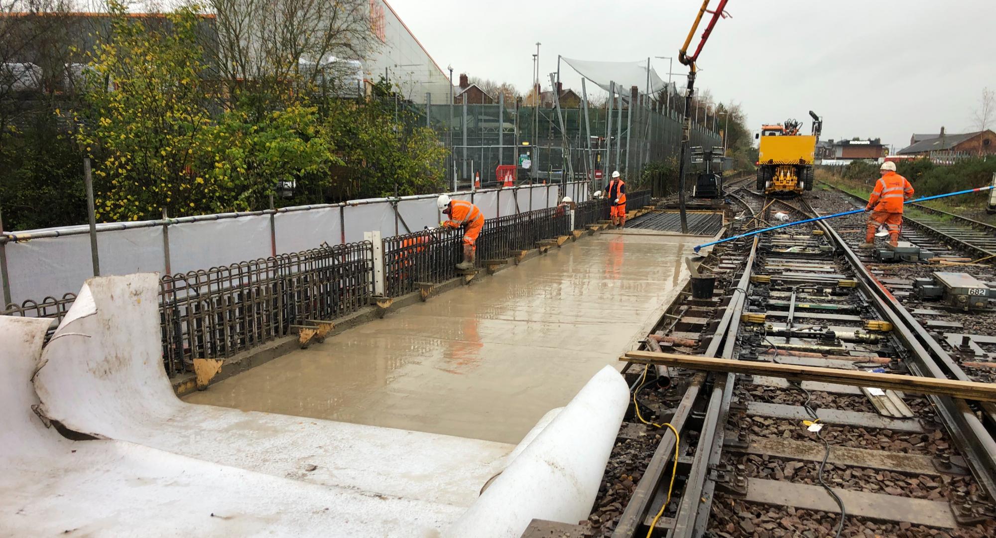 Concrete pour to form new deck of Petteril Bridge after freight train derailment in Carlisle, via Network Rail 