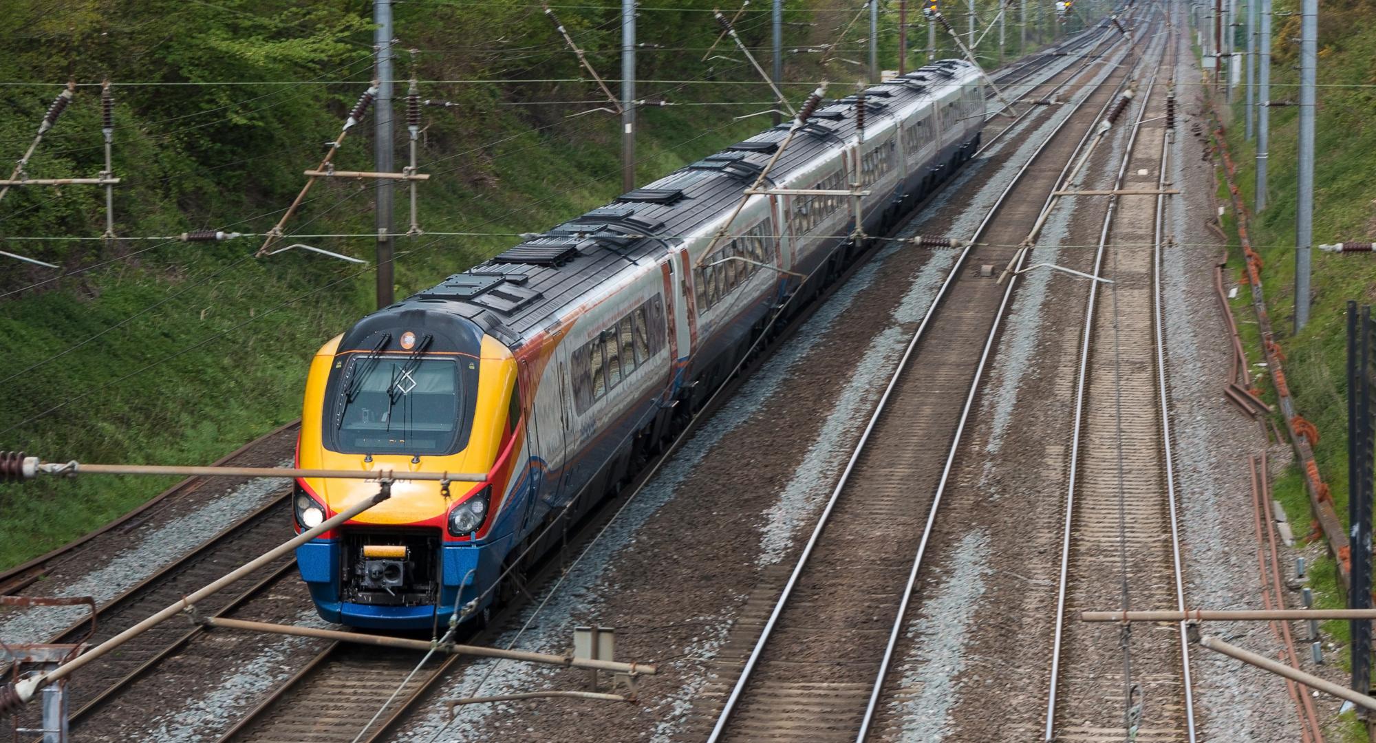 St Albans: British East Midlands train in motion on the railway, via Istock 