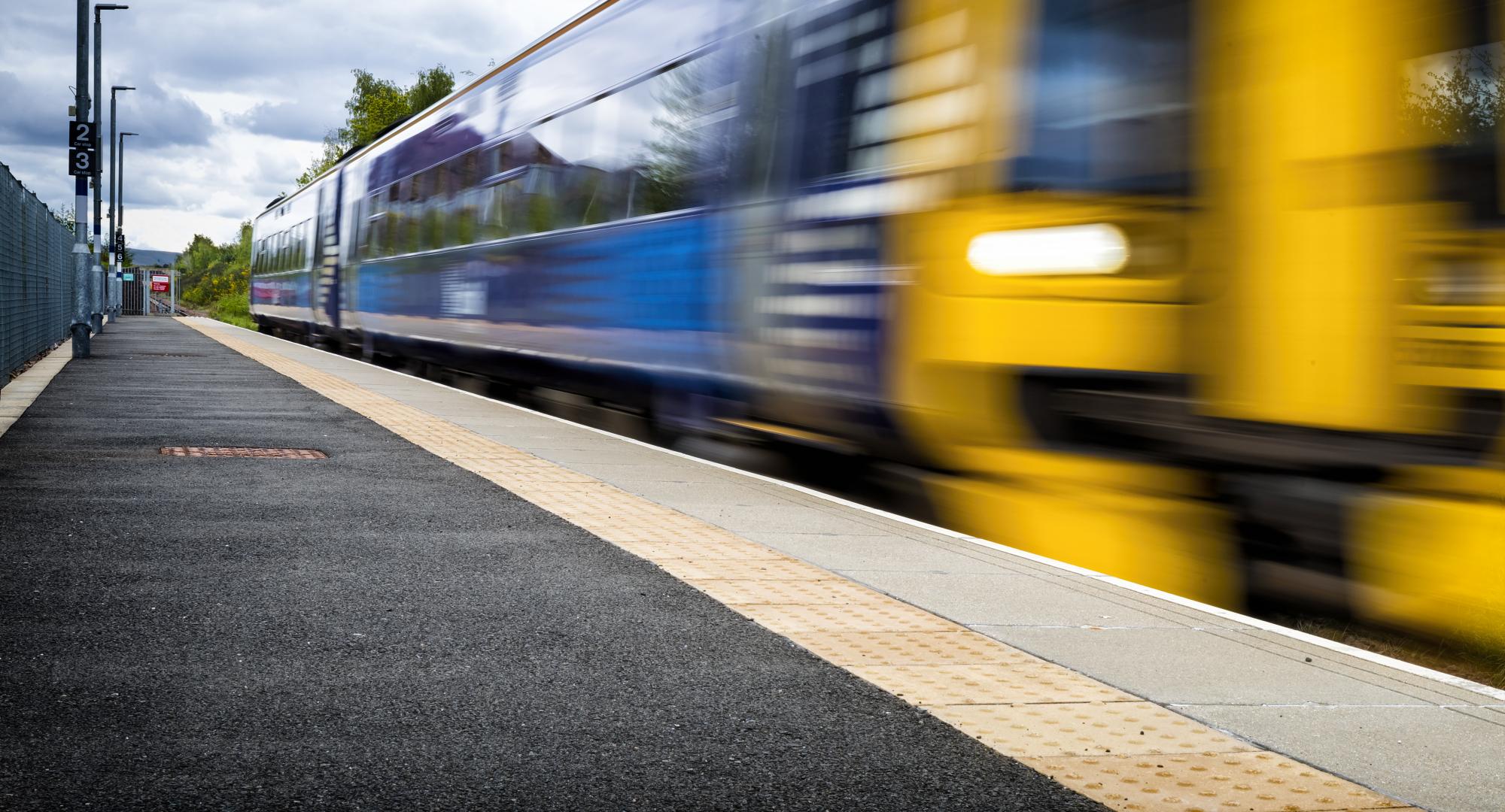 Modern train in railway station in Newtongrange, Scotland, via Istock 