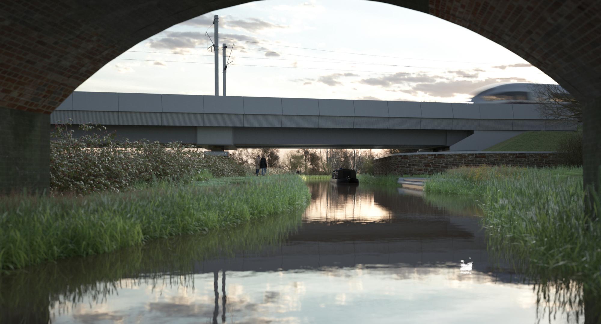 View of the Oxford Canal Viaduct from under the adjacent canal bridge 51365, via HS2 