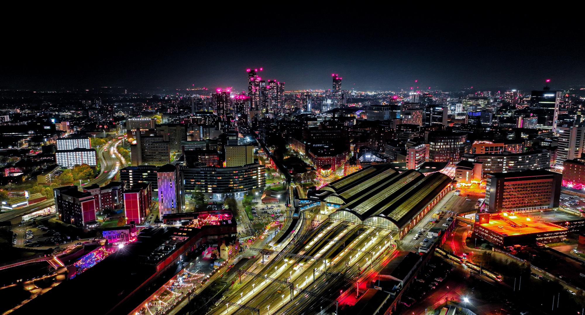 Manchester Piccadilly at night, via Istock 