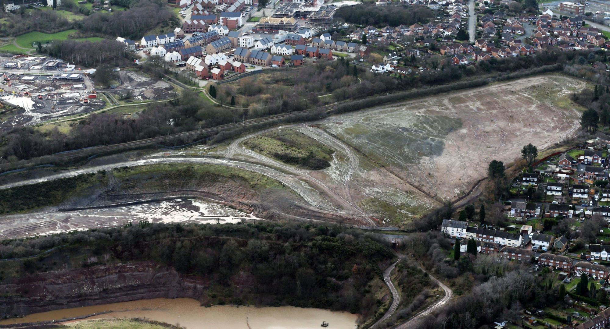 Aerial view of former mine site beside railway at Hadley near Telford