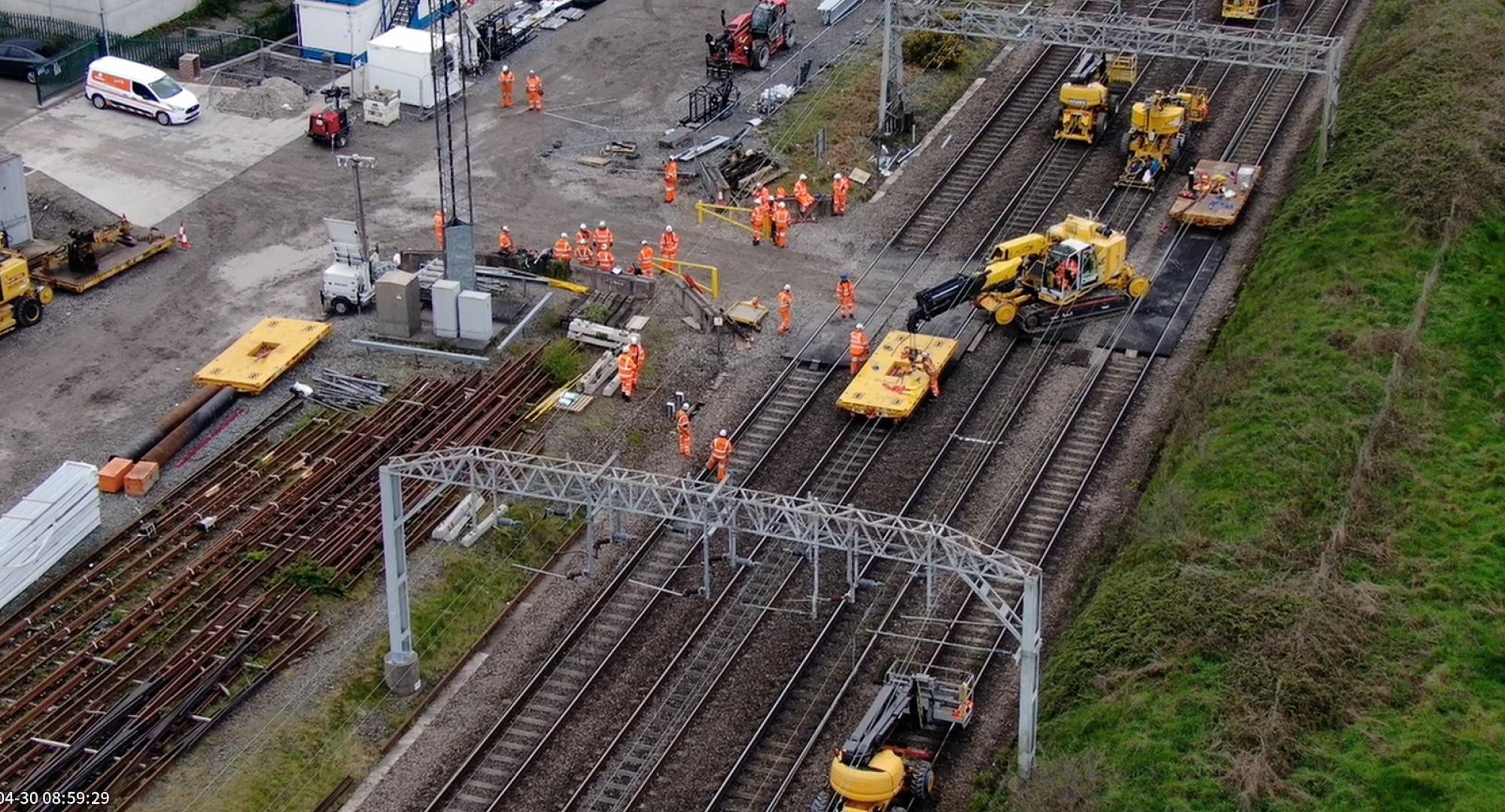 Drone shot of signalling gantries being replaced in Crewe - credit Network Rail 