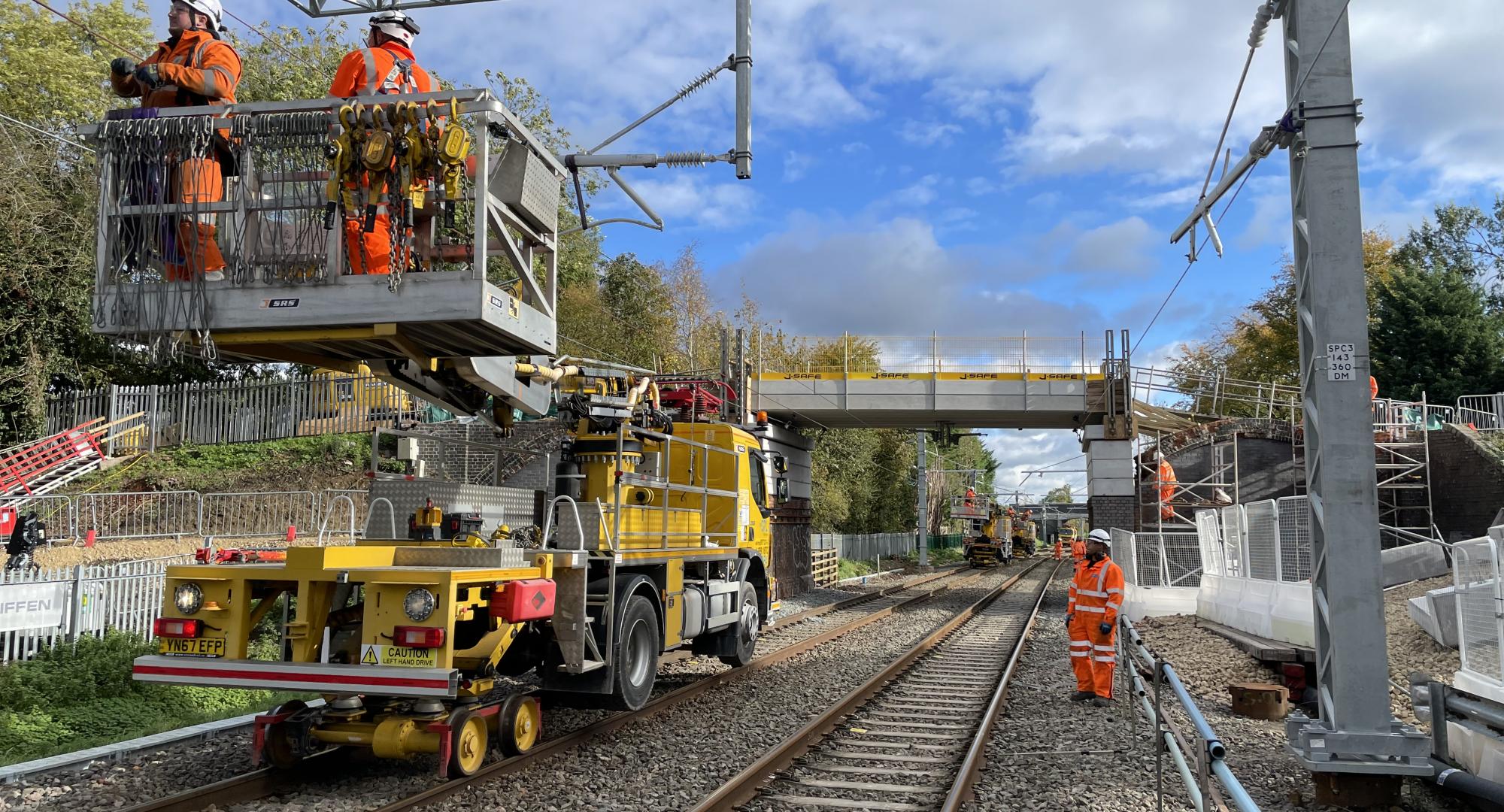 Network Rail engineers carry out wiring work on the Midland Main Line, Network Rail