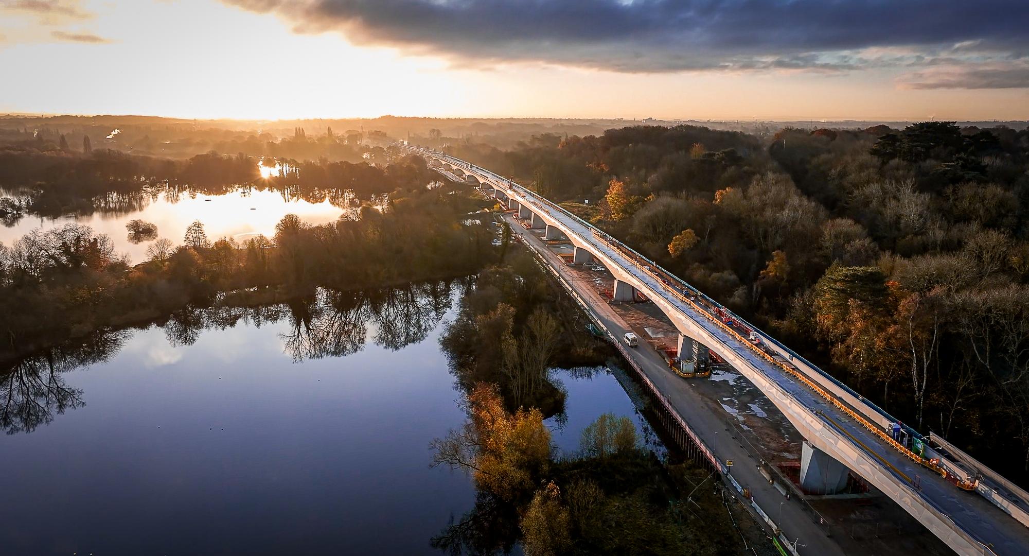 Aerial view of HS2's Colne Valley Viaduct at sunset 6