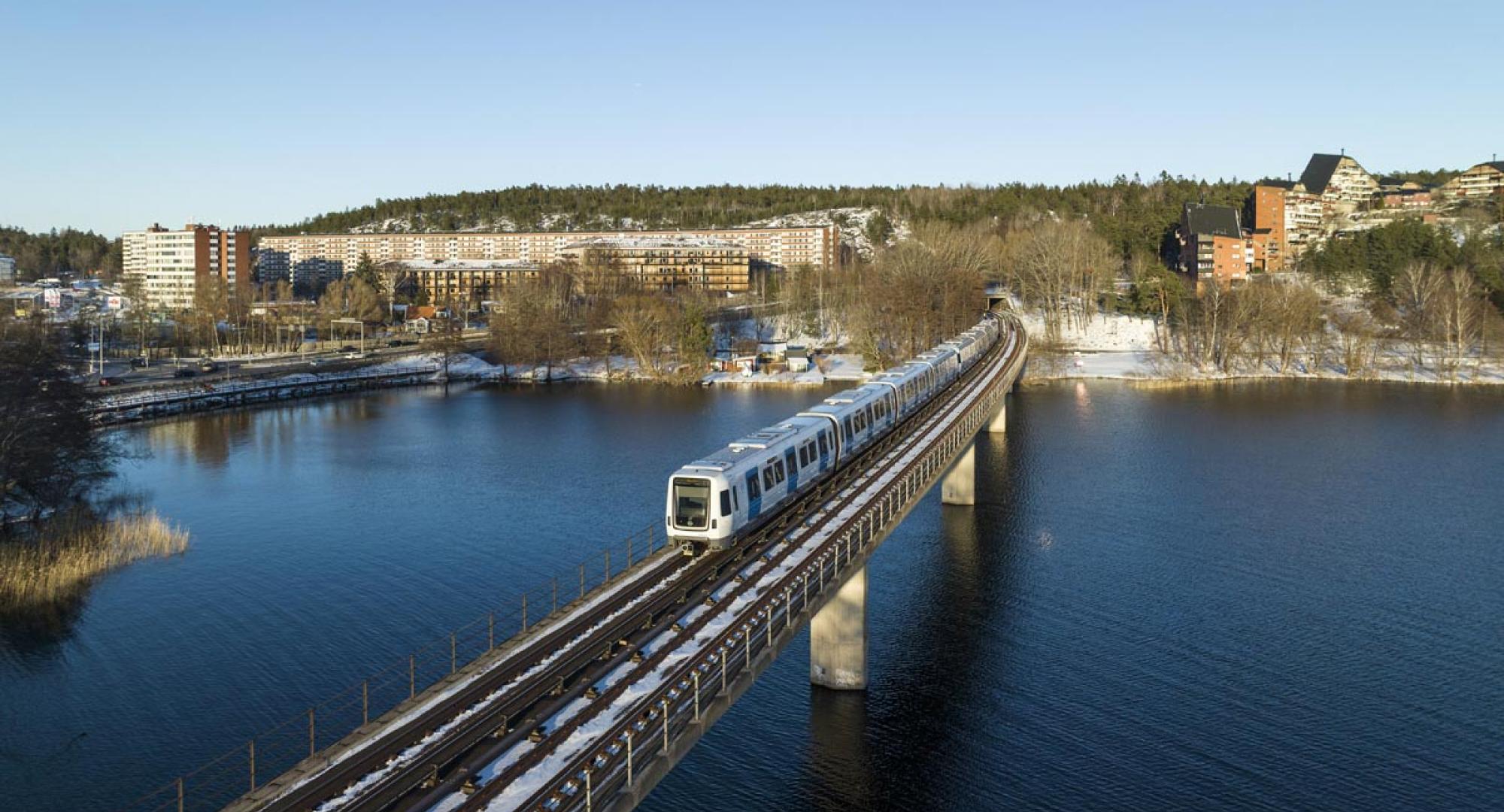 Stockholm Metro running over a bridge