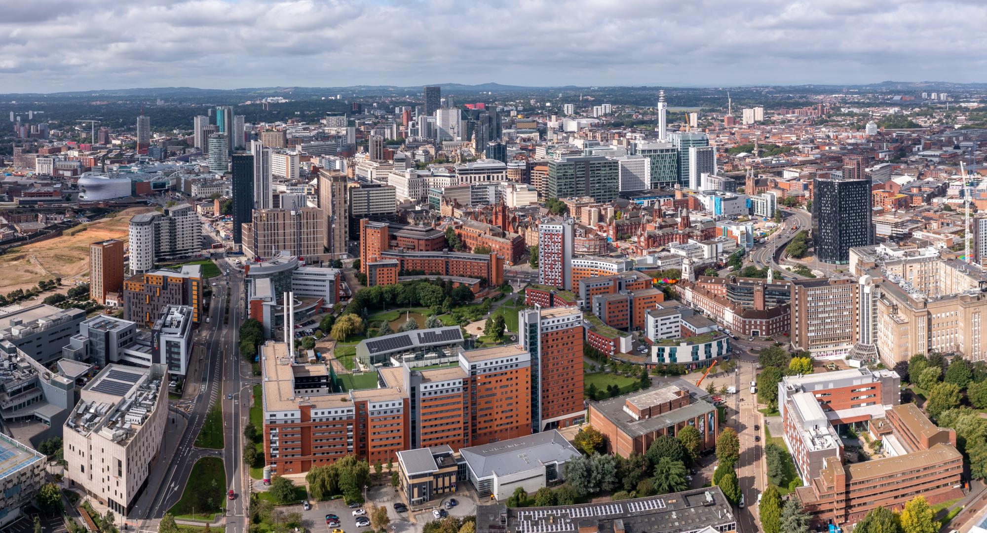 Aerial view of a Birmingham cityscape skyline with city centre