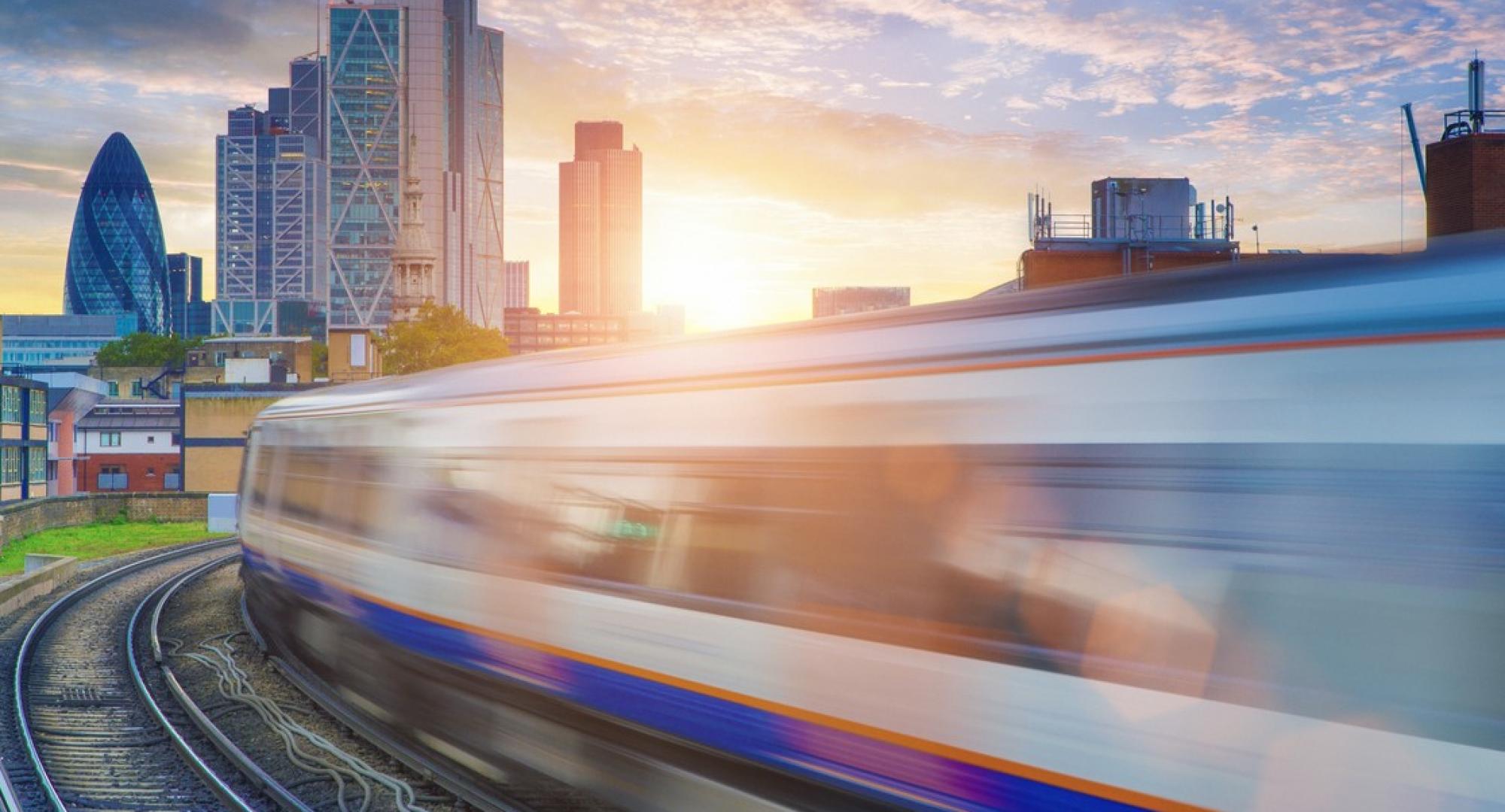 Overground Train approaching London skyline