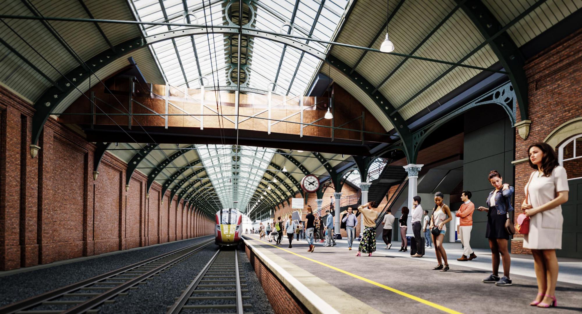 CGI image looking length of Platform 1 with clear view of new footbridge at Darlington station