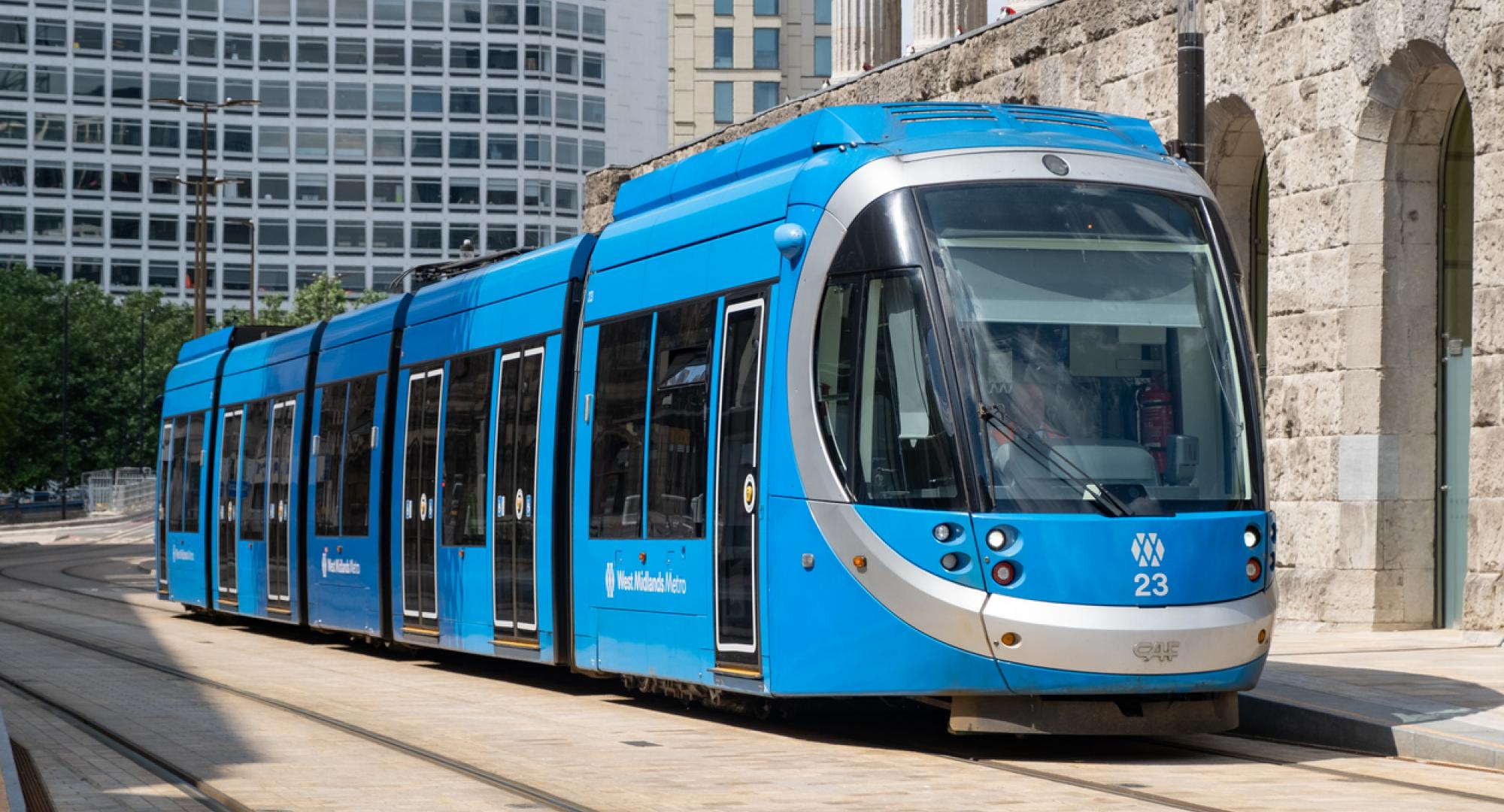 A blue West Midlands Tram