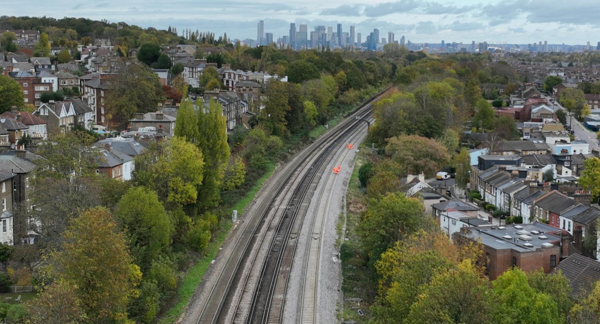 Aerial view of track between Honor Oak Park and Brockley looking north