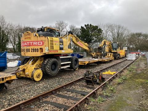 Road-rail vehicle at Truro depot to remove and lay track during work