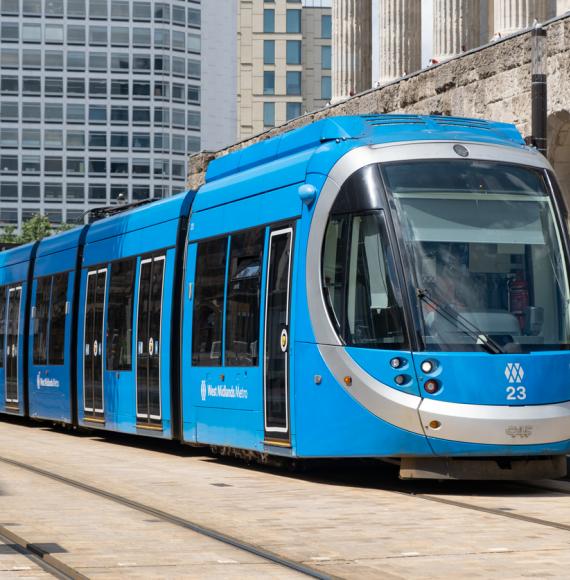 A blue West Midlands Tram