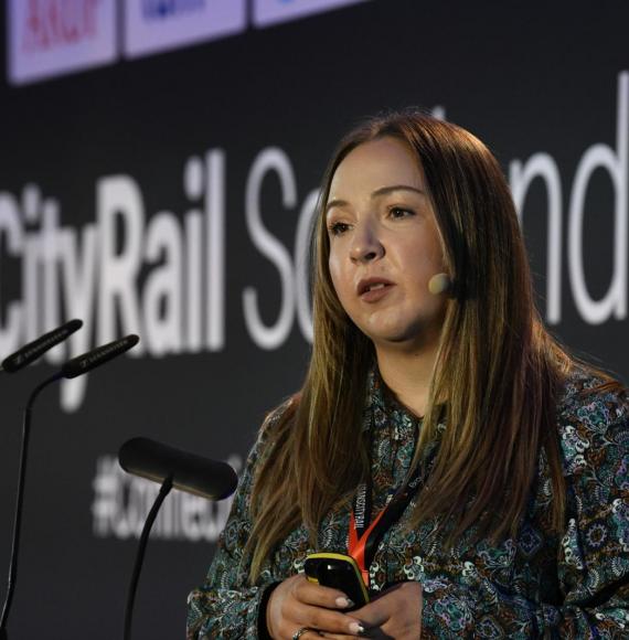 Teri Kelly speaking at TransCityRail Scotland 2025