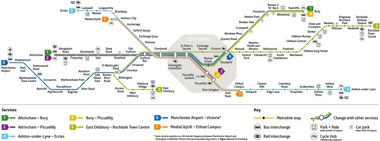 Metrolink Network Map Coloured Lines And Number Identifiers And Key Jan 2018 